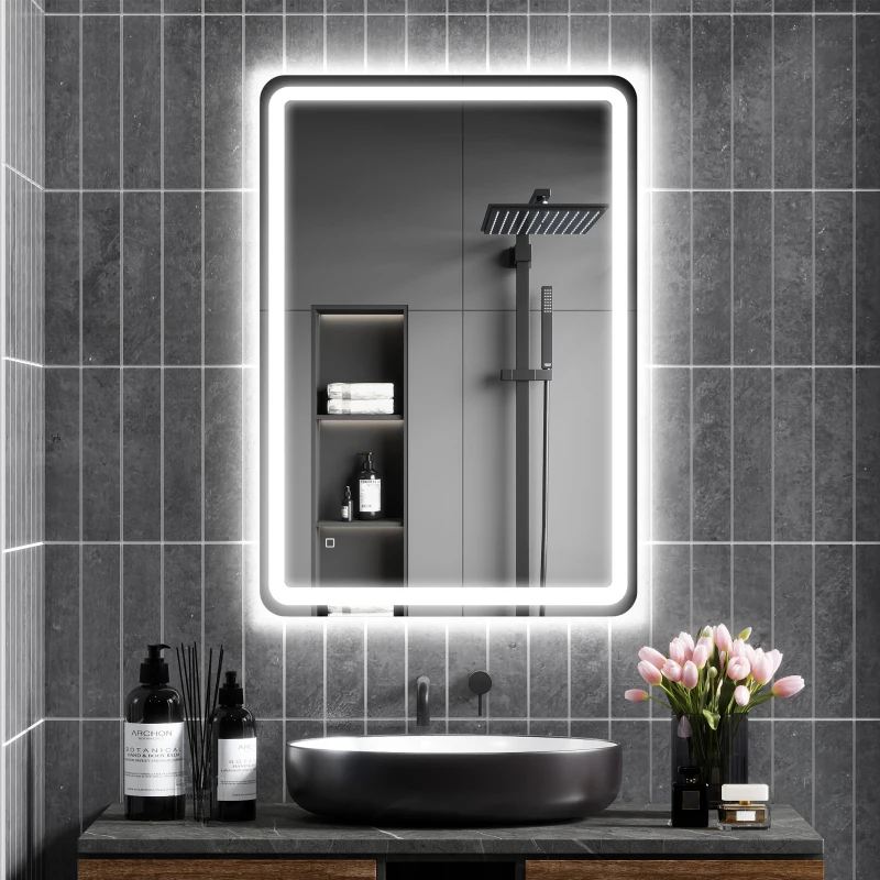 HOMCOM Espejo de Baño con Luces LED 70x100 cm 3 Colores de Luz Brillo Regulable Función Antivaho Función de Memoria IP44