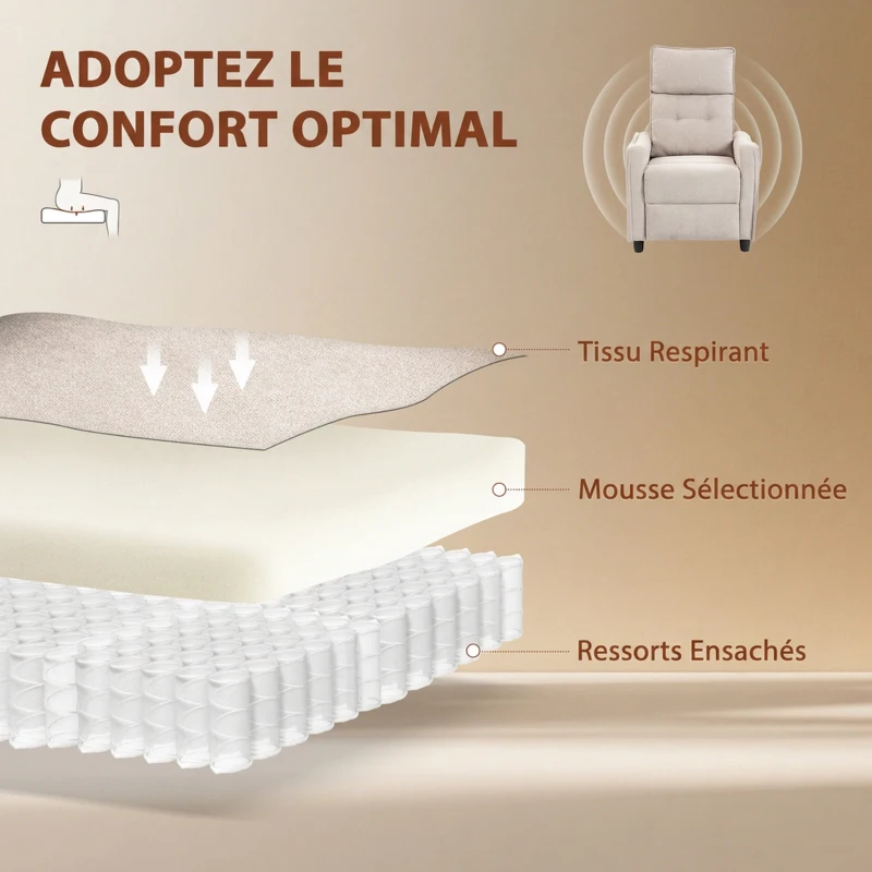 HOMCOM Fauteuil de massage inclinable fauteuil de relaxation en lin avec repose-pieds poche latérale télécommande crème