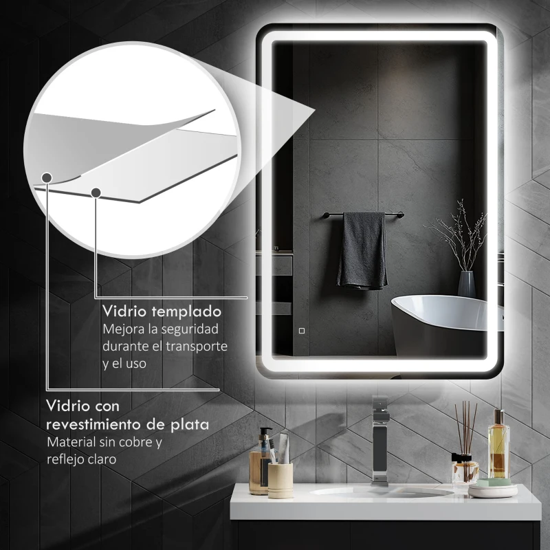 HOMCOM Espejo de Baño con Luces LED 70x100 cm 3 Colores de Luz Brillo Regulable Función Antivaho Función de Memoria IP44
