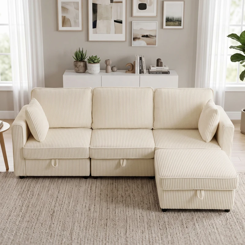 HOMCOM Sofá Chaise Longue de 3 Plazas con Almacenaje y Otomana Reversible de Pana 235x153x85 cm Blanco Crema