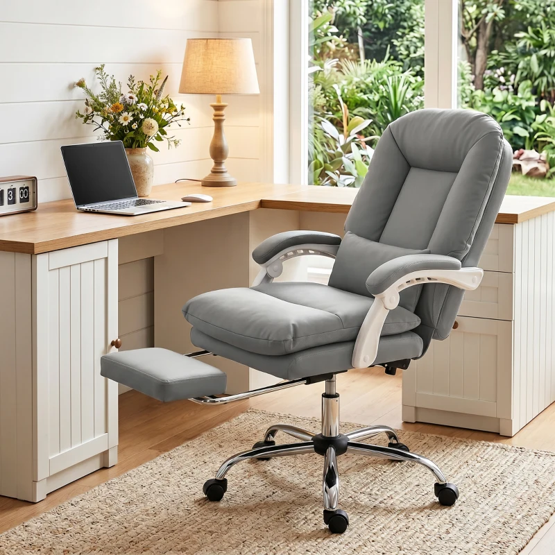 HOMCOM Ergonomic Executive Office Chair, Reclining Desk Chair with Lumbar Support, Footrest, Plush Thick Cushion, Grey