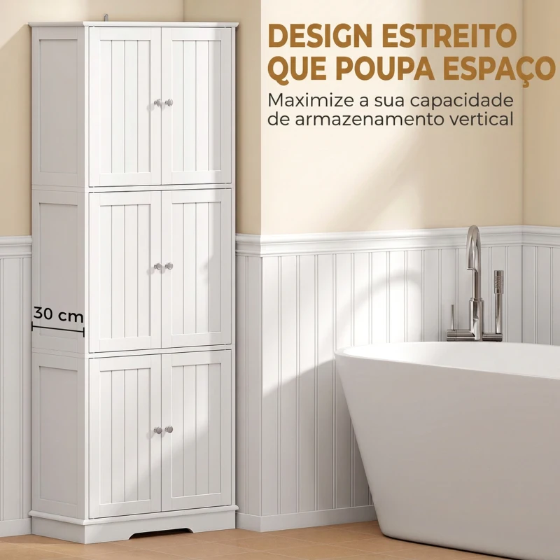 HOMCOM Armário Alto para Casa de Banho com 3 Armários de Porta Dupla e Prateleiras Ajustáveis 60x30x160 cm Branco