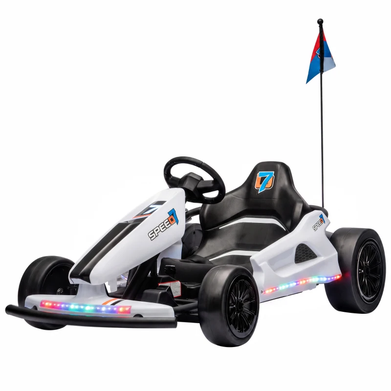 AIYAPLAY 24V Electric Drift Go Kart for Kids with Dual Motors, Soft Start, 12 KM/H High Speed, Headlight, for Ages 6-14, White