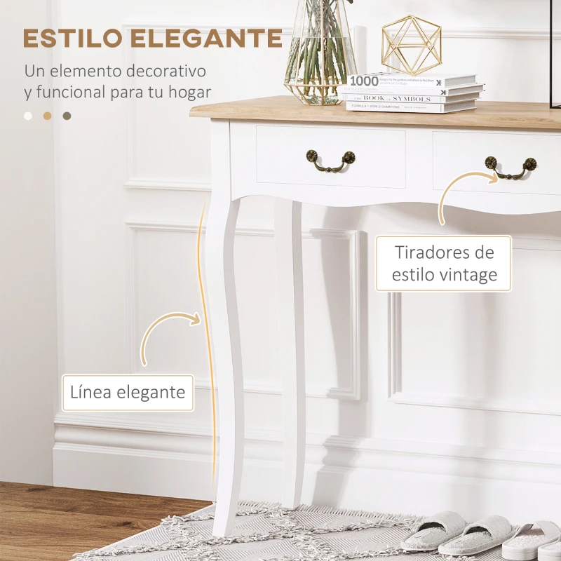 HOMCOM Mesa de Consola con 2 Cajones Diseño de Retro para Entrada Pasillo Sala de Estar Dormitorio Pino 87x34x78,5 cm Blanco