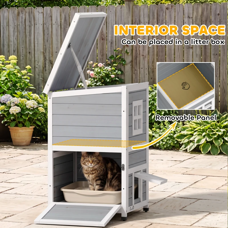 PawHut Wooden Cat House 2-Floor Outdoor Kitten Shelter with 3 Doors and Window Grey
