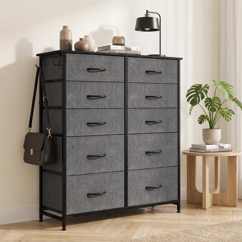 HOMCOM Chest of Drawers, Dresser with 10 Fabric Drawers, Tall Storage Unit with 4 Pockets and 2 Hooks Steel Frame, Grey