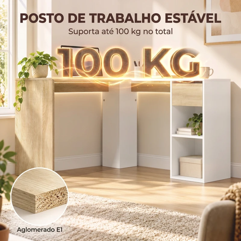 HOMCOM Secretária de Canto em L 120x110 cm com Gaveta e 2 Prateleiras, Branco e Natural