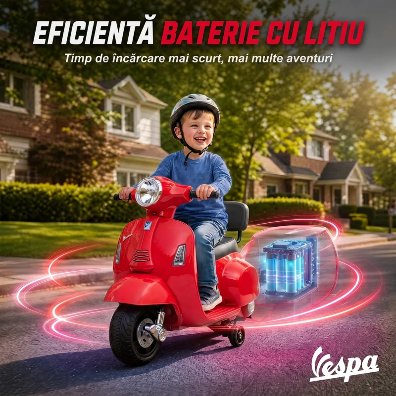 AIYAPLAY Motocicletă Electrică pentru Copii Mini Vespa Gts 7,2 V, 1,5-3 Ani, Roșie