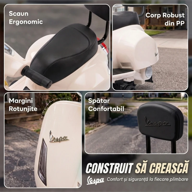 AIYAPLAY Motocicletă electrică copii 1.5-3 ani, mini Vespa GTS, roți ajutătoare, 2.5km/h, 66.5 x 38 x 52cm, alb crem
