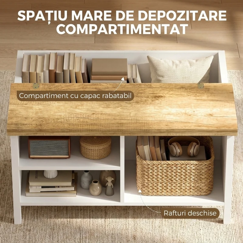 HOMCOM Ladă de Depozitare pentru Interior, 80x60x40 cm, cu Capac Rabatabil, Stil Nordic, Culoare Lemn