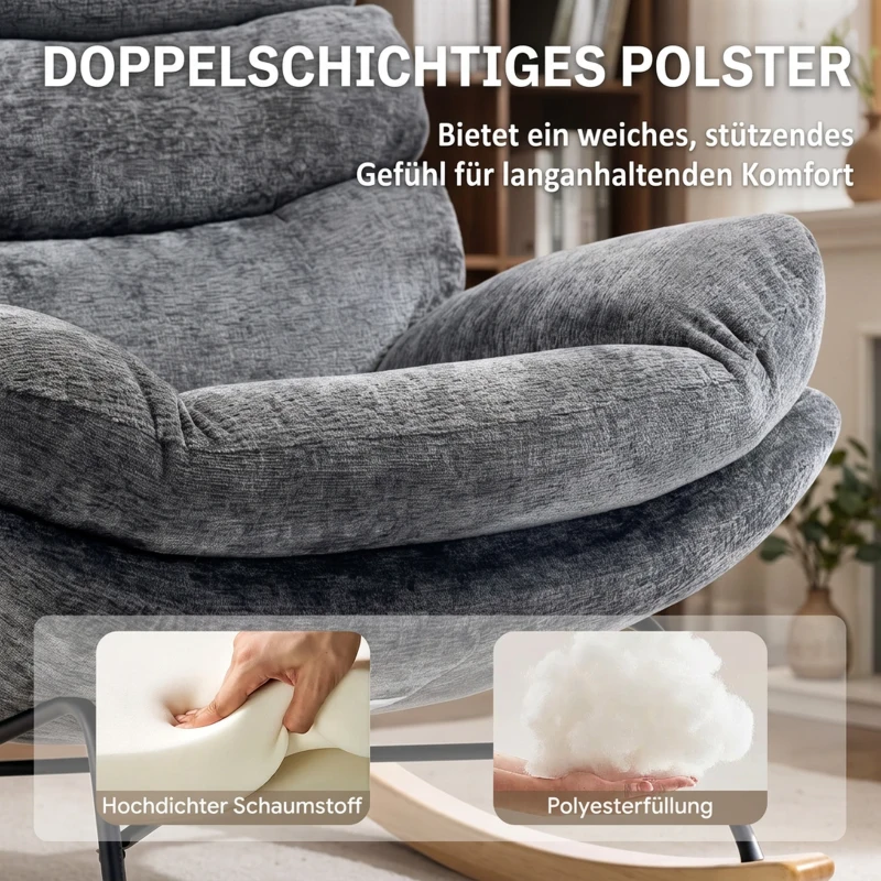 HOMCOM Schommelstoel van chenille, fauteuil voor kleermakerszit met dubbellaags kussen, zachte rugleuning en onderstel van rubberhout, donkergrijs