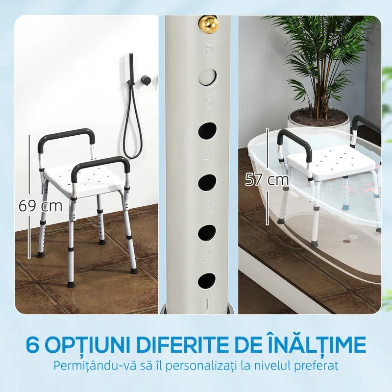 HOMCOM Scaun de Duș din Aluminiu, Reglabil pe Înălțime, cu Cotiere și Picioare Antiderapante, Alb