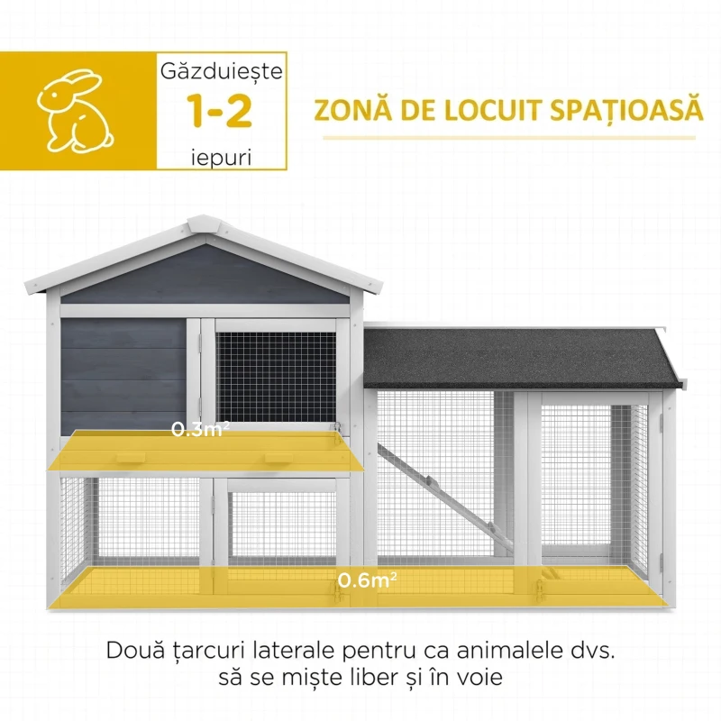 PawHut Cușcă de exterior pentru iepuri din lemn, cu căsuță, țarc și acoperiș, 147x54x84 cm, alb