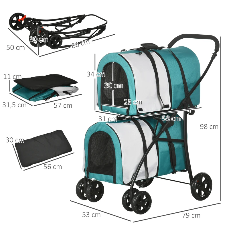 PawHut Cochecito Doble para Perros Gatos Plegable con 2 Transportines Extraíbles con Cinturón y Cojines 79x53x98cm Verde y Gris
