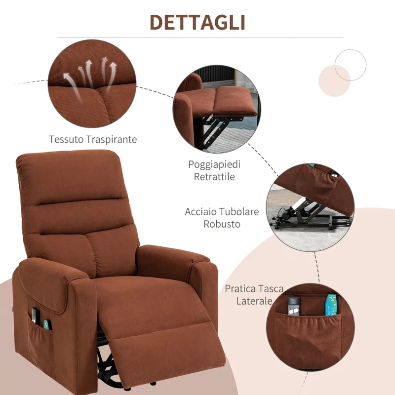 HOMCOM Poltrona Massaggiante con Assistenza per Alzarsi in piedi e Telecomando, in Poliestere e Metallo, 79x97x103 cm, Marrone