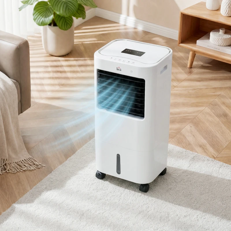 HOMCOM Raffrescatore Evaporativo e Ventilatore con Ghiaccio 3 in 1 a 3 Velocità con Timer, 32x37x74 cm, Bianco