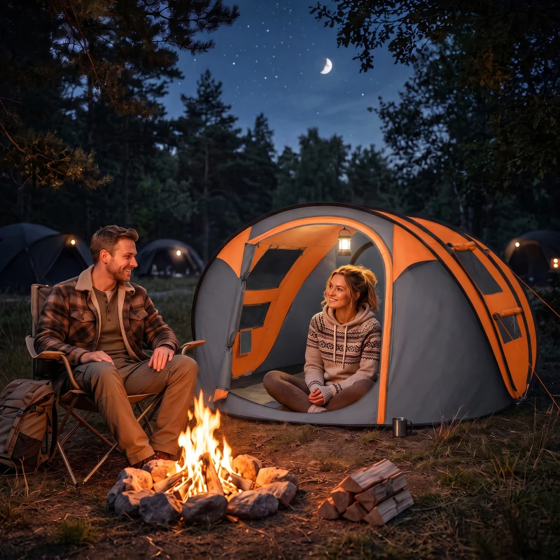 Outsunny Tenda da Campeggio Pop Up 3 Posti con 2 Porte, 4 Finestre e Telo, 263.5x220x123 cm, Arancione