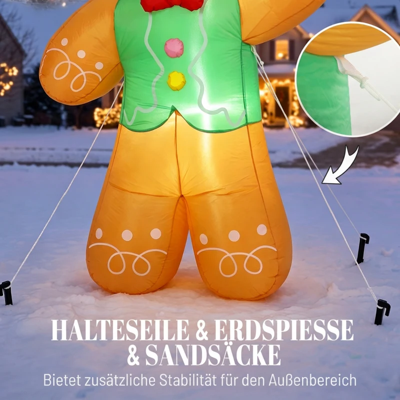 Outsunny Opblaasbare kerst-peperkoekman, 250 cm, met cadeaudoos en leds, voor buiten