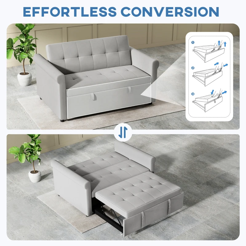 HOMCOM Two-Seater Velvet-Feel Sofa Bed - Grey