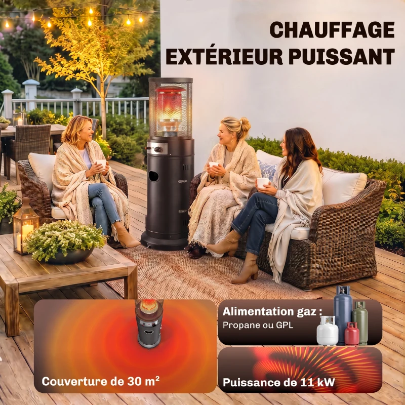 Outsunny Parasol Chauffant Gaz 11 kW 30 m² Roulettes, Réglage Continu, Grille de Protection, Anti-surchauffe, 52x46x137cm, Noir
