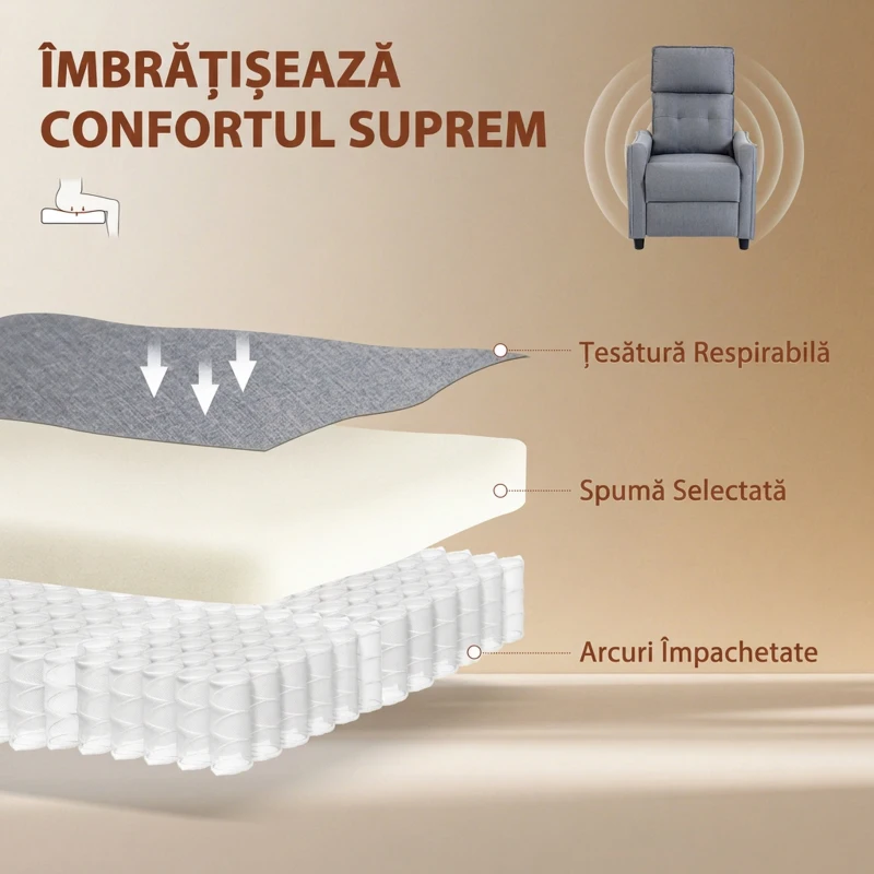 HOMCOM Fotoliu cu Masaj Reclinabil Manual, Țesătură cu Efect de In Telecomandă, Gri Deschis