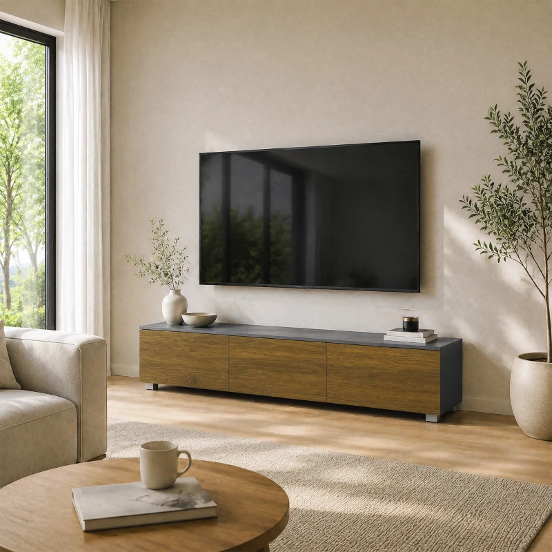 HOMCOM Meuble TV Suspendu ou sur Pied 160 cm pour Téléviseur 65 Pouces, Porte à fermeture, Passe-câbles, Noyer