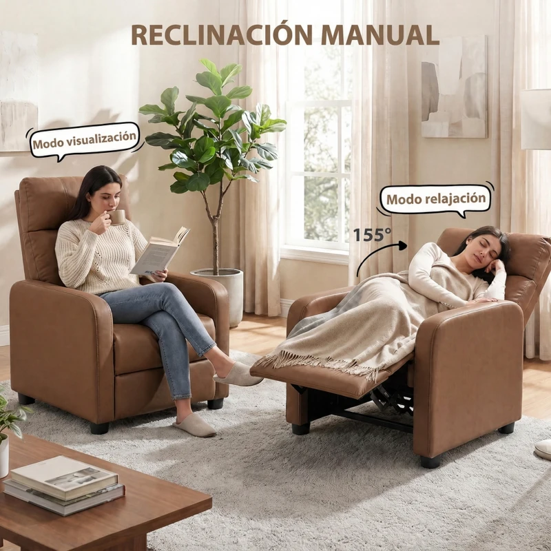 HOMCOM Sillón Relax Reclinable Manual hasta 155° Tapizado en PU Reposapiés Respaldo Alto Grueso y Asiento Amplio Marrón Oscuro