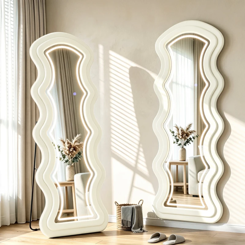 HOMCOM Wellenförmiger Ganzkörperspiegel 160 x 60 cm, 3-Farb-LED, Samtoptik-Rahmen, HD-gehärtetes Glas, Creme