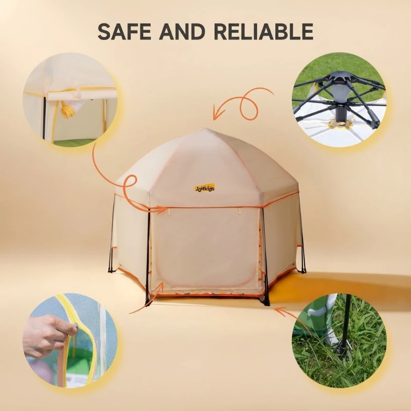 Pop-Up Baby Playpen with Removable Canopy, Portable Six-Sided Play Yard with Breathable Mesh for Outdoor, 150L x 150W x 105H cm, Beige