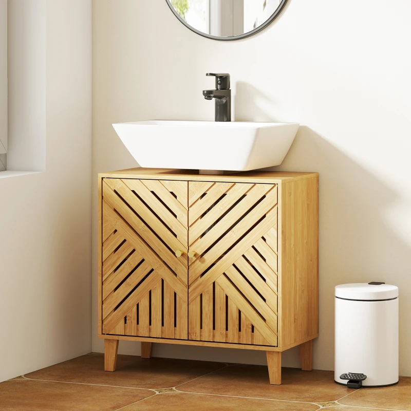 HOMCOM Mobile Sottolavabo per Bagno con 2 Ante a Doghe, Ripiano Regolabile, Gambe in Bambù, per Lavabi senza Colonna, 60x30x60 cm, Naturale