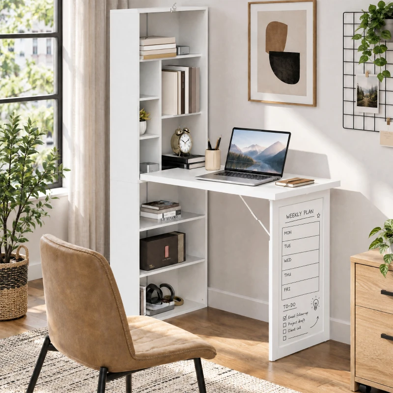 HOMCOM Bureau d'ordinateur pliable avec bibliothèque, poste de travail, tableau blanc et étagère réglable, 98x51x153cm, blanc
