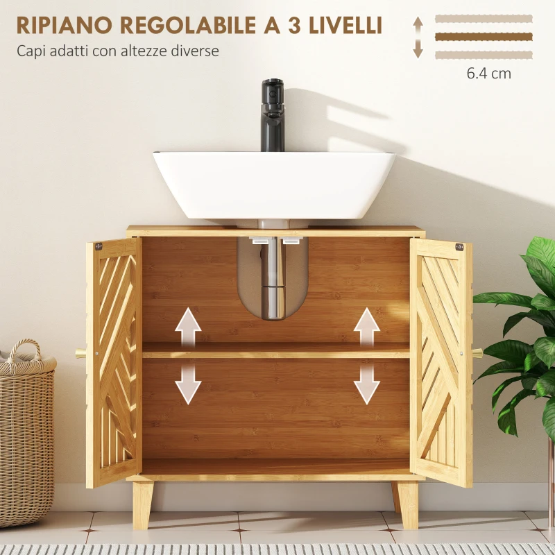 HOMCOM Mobile Sottolavabo per Bagno con 2 Ante a Doghe, Ripiano Regolabile, Gambe in Bambù, per Lavabi senza Colonna, 60x30x60 cm, Naturale
