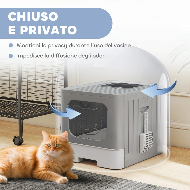 PawHut Lettiera Gatto Chiusa M 60L con Coperchio, Vassoio Estraibile, Paletta, Antiperdita, Facile da Pulire, Grigio