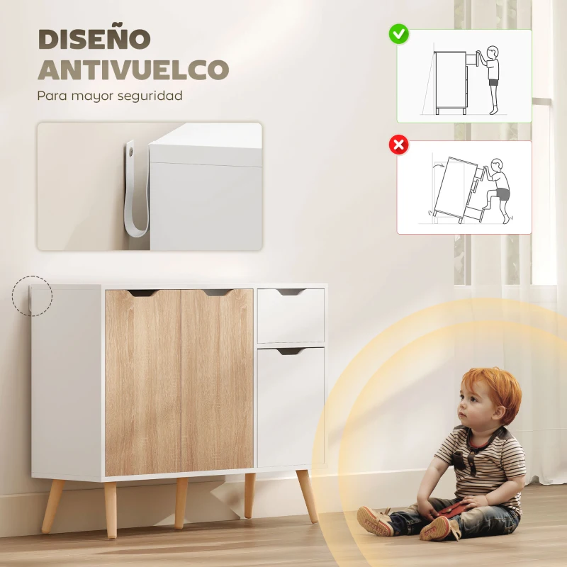 HOMCOM Aparador Moderno Aparador para Salón con 3 Puertas y Cajón Mueble Auxiliar para Salón Cocina Dormitorio 90x30x72 cm Blanco y Natural