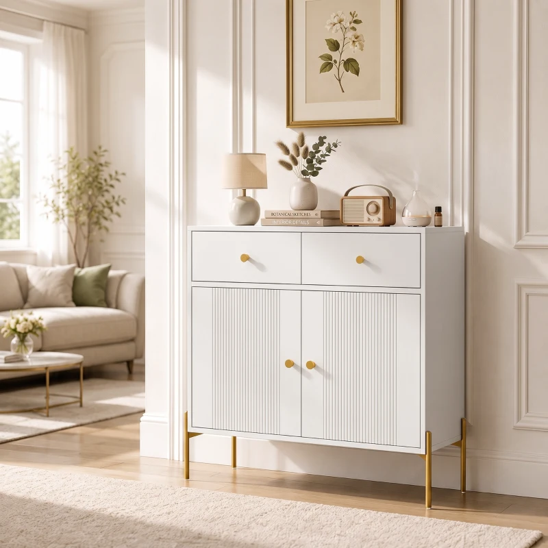 HOMCOM Bufet pentru living, mobilier de depozitare cu 2 uși, 2 sertare, rafturi reglabile și picioare metalice, 80 x 39 x 86 cm, Alb