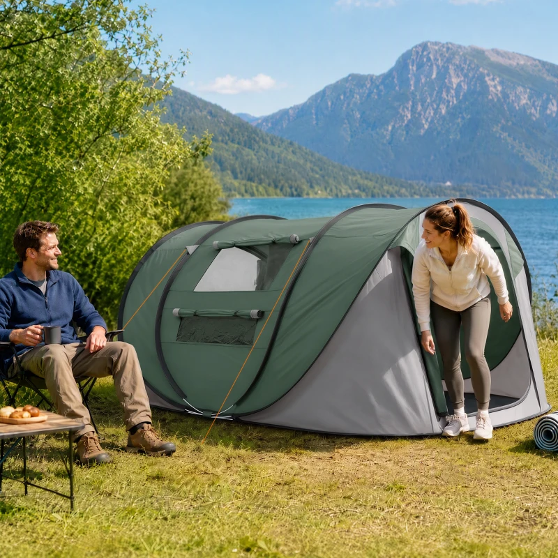 Outsunny Tente de camping 4-5 personnes montage instantanée pop-up 2 portes enroulables 4 fenêtres dim. 2,63L x 2,2l x 1,23H m fibre verre polyester PE vert gris