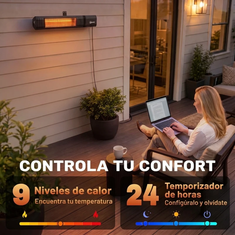 Outsunny Calefactor Infrarrojos Terraza 2000 W con Funda IP65 Control por App/Táctil/Mando 9 Niveles de Calor y Temporizador