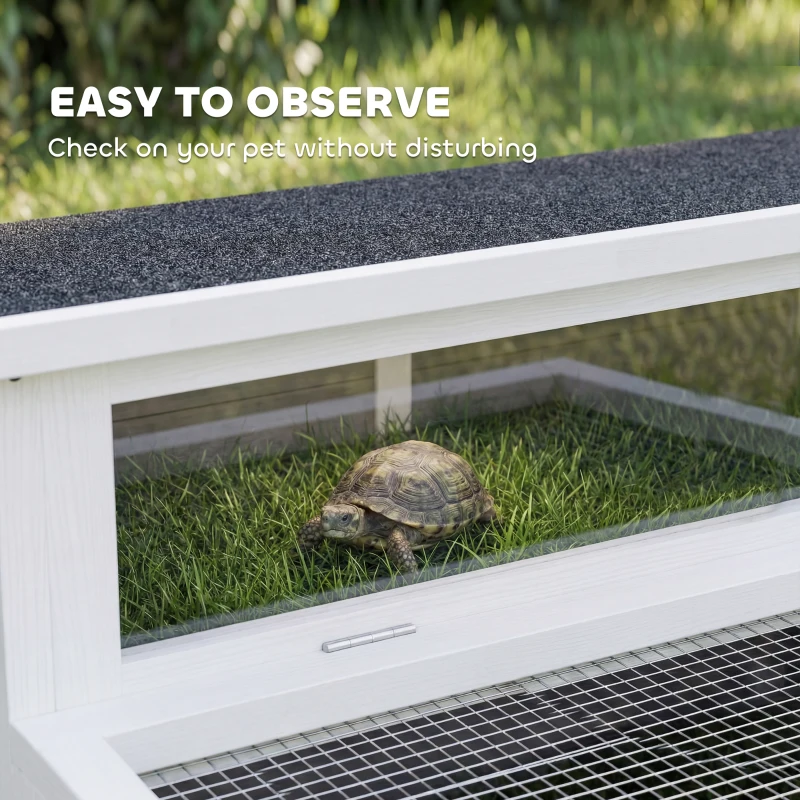 PawHut Wooden Tortoise House, Tortoise Enclosure with Clear Observation Window, Top Opening, Multiple Doors, Galvanised Mesh