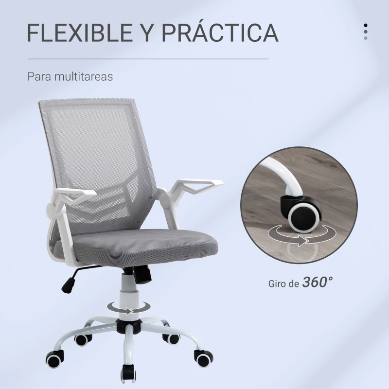 Vinsetto Silla de Oficina Ergonómica Silla de Malla con Altura Ajustable Reposabrazos Abatible Soporte Lumbar Transpirable 62,5x55x94-104 cm Gris