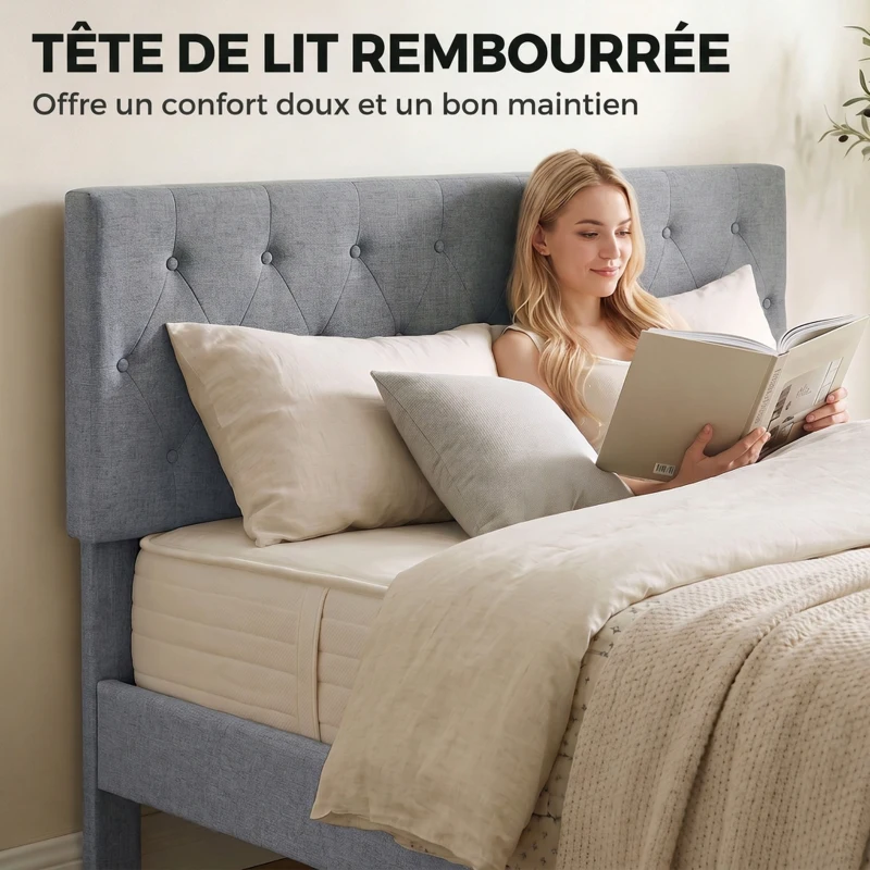 HOMCOM Cadre de Lit 140 x 190 cm avec Sommier, Lit Double Rembourré en Lin, Tête Capitonnée, Support à 10 Lattes, Gris