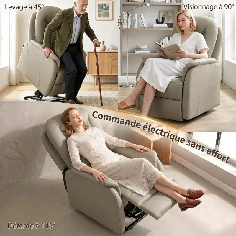 HOMCOM Fauteuil Releveur Électrique Massage Vibration et Chaleur, Fauteuil Relax Électrique en PU, Dossier Inclinable, Gris