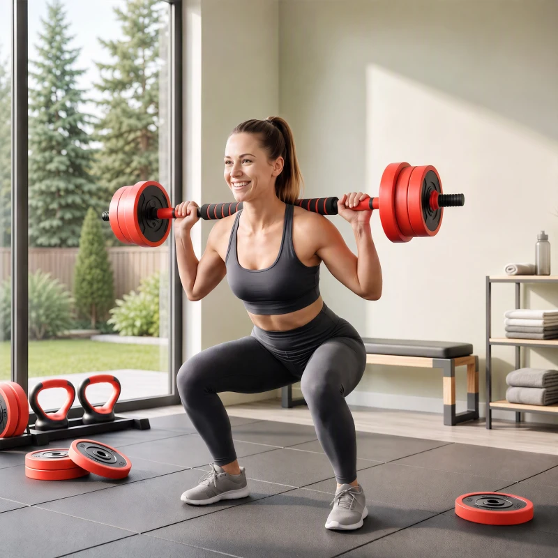 SPORTNOW Set Greutăți 4 în 1 de 20kg, Convertibil în Kettlebell, 2 Gantere, Bară și Suport pentru Flotări, Roșu