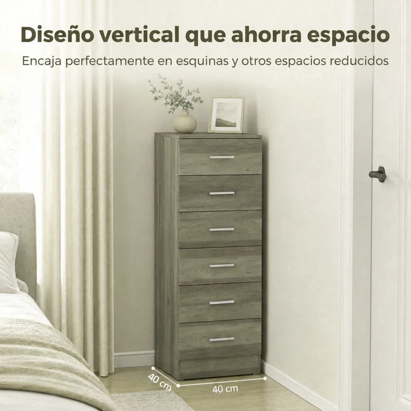 HOMCOM Cómoda de 6 Cajones Cajonera Alta para Dormitorio con Antivuelco 40x40x110 cm Gris Claro