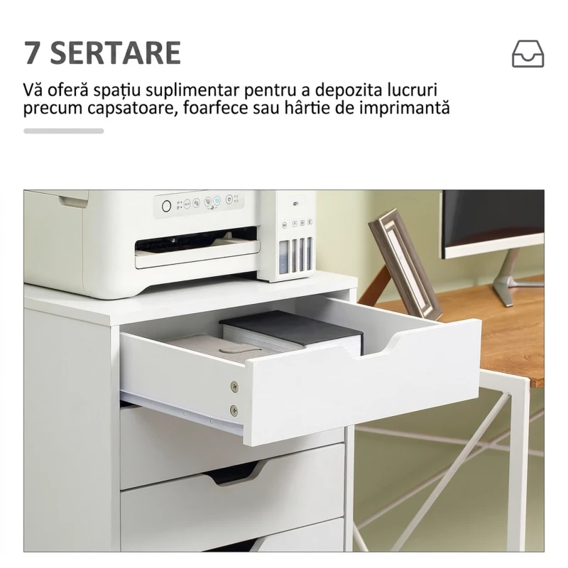Vinsetto fișet de birou cu 7 sertare, roți cu frână, pentru documente Letter/A4/Legal, alb