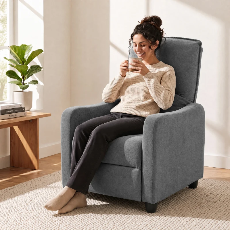 HOMCOM Sillón Relax Reclinable Manual hasta 155° de Tejido Efecto Lino Reposapiés Muelles Ensacados Acolchado Grueso Gris