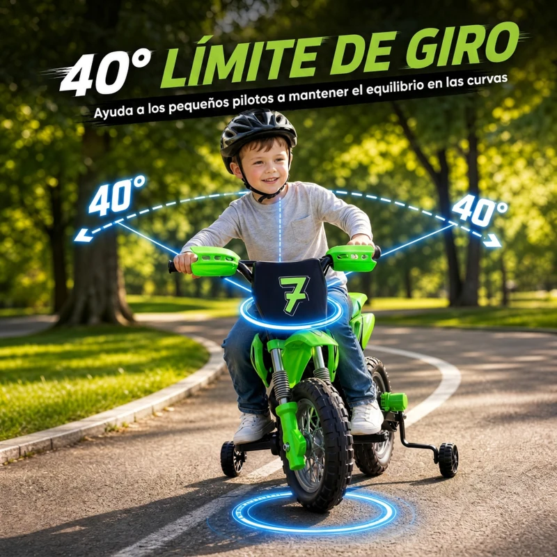 AIYAPLAY Moto Eléctrica Niños 12V con 2 Ruedas Auxiliares Desmontables 2 Motores Suspensión Trasera 3 km/h 3-6 Años Verde