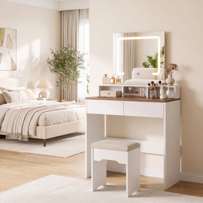 HOMCOM Vanity Table, Dressing Table with Mirror, LED Lights, 2 Drawers, 3 Compartments, 3 Colour Lighting, Walnut