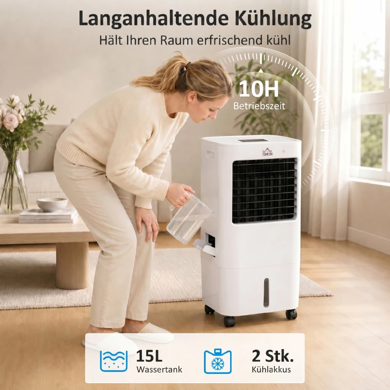 HOMCOM Luftkühler, 3 Modi, Timer-Funktion, rollbar, Kunststoff, Weiß