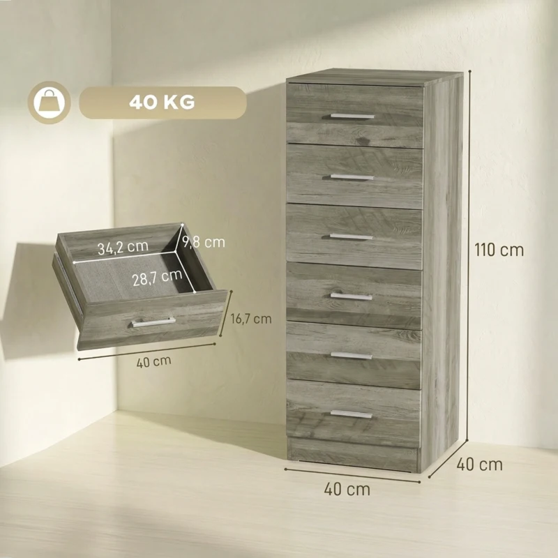 HOMCOM Cómoda de 6 Cajones Cajonera Alta para Dormitorio con Antivuelco 40x40x110 cm Gris Claro