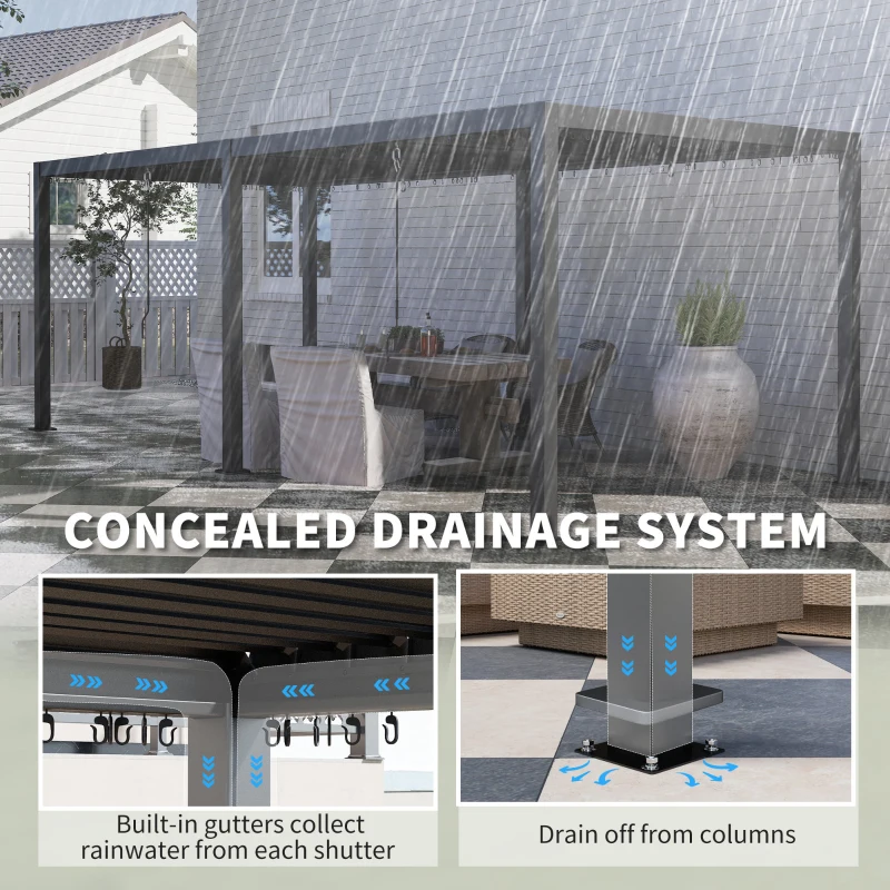 Outsunny Pergola 3 x 6 m  pergola d'extérieur tonnelle avec persiennes manivelle, toit réglable en aluminium crochets gris foncé